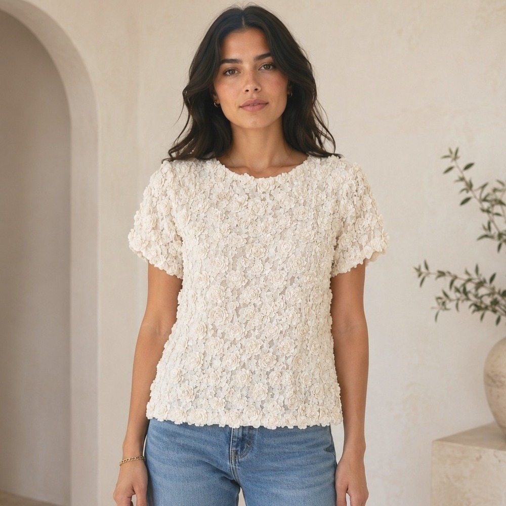 Ivory Floral Applique Mesh Top Womens‎ Small Textured Romantic Coquette Cottage